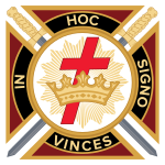 A crowned Passion Cross laid upon the Cross pattee inscribed with "In Hoc Signo Vinces
" resting upon crossed swords is often used in to represent the Knights Templar Knights Templar Logo (Freemasonry).svg