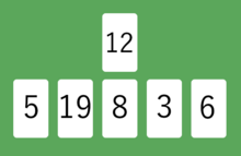 A spread of Krypto cards: players must find a way to calculate 12 using the numbers 5, 19, 8, 3 and 6 Krypto game cards.png