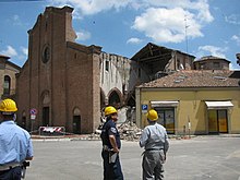The church destroyed by the collapse of the bell tower after the 2012 earthquake La nostra Polizia locale a Mirandola per il terremoto (13963932601).jpg
