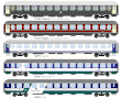 Las libreas utilizadas para los vagones UIC-X (gris pizarra; gris-beige-rojo hígado; XMPR (a partir de 2000); XMPR Giubileo (a partir de 2000); XMPR "Tren Nocturno" librea.