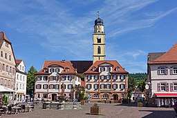 Market place, Bad Mergentheim, Germany, with twin houses and Münster St. Johannes (St. John's Church)