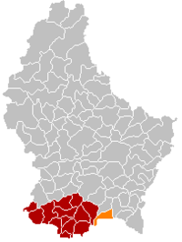 Карта на Люксембург с Frisange подчертано в оранжево, а кантонът в тъмно червено