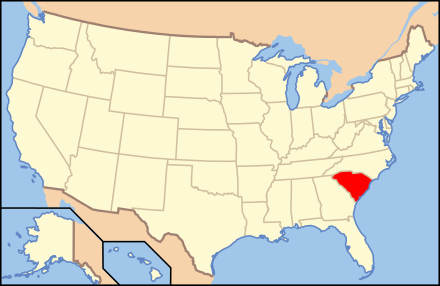 The location of the state of South Carolina in the United States of America