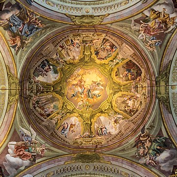 Vida e Assunção de Maria, afresco na cúpula do santuário de Maria Taferl, Baixa Áustria, por Antonio Beduzzi (1714–1718). (definição 3 759 × 3 759)