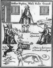 Frontispiece from the witch hunter Matthew Hopkins' The Discovery of Witches (1647), showing witches identifying their familiar spirits Matthewhopkins.png