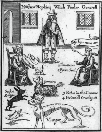 Frontispiece from the witch hunter Matthew Hopkins' The Discovery of Witches (1647), showing witches identifying their familiar spirits