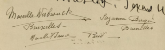 Signature de Marcelle Baud à côté de celle de Marcelle Werbrouck et Suzanne Berger sur le livre d'or du marchand d'art Maurice Nahman au Caire en 1930