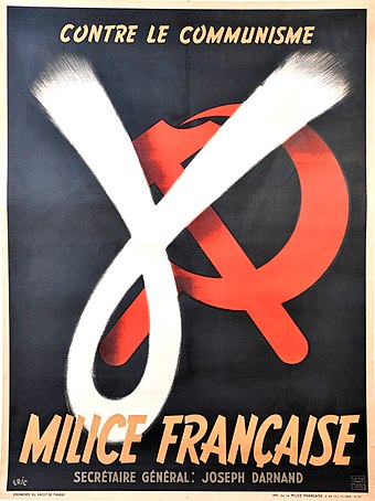 A recruitment poster for the Milice. The text says "Against Communism / French Militia / Secretary-General Joseph Darnand".