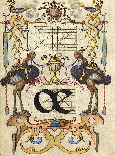 File:Mira calligraphiae monumenta (Model Book of Calligraphy) Joris Hoefnagel 1596 Ms. 20 (86.MV.527) fol. 149v Guide for Constructing the Ligature oe (Getty Museum).jpg