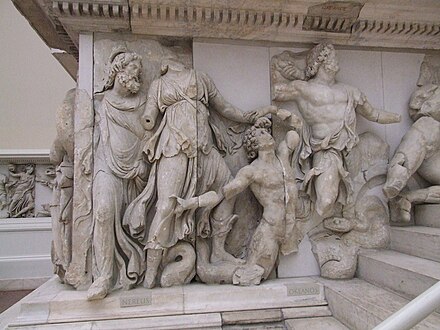 The Hellenistic Pergamon Altar: l to r Nereus, Doris, a Giant, Oceanus