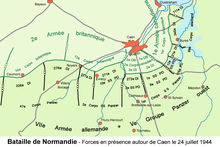 24 July, territory gained in Operations Atlantic and Goodwood and orders of battle Normandie 24 juil 1944.png