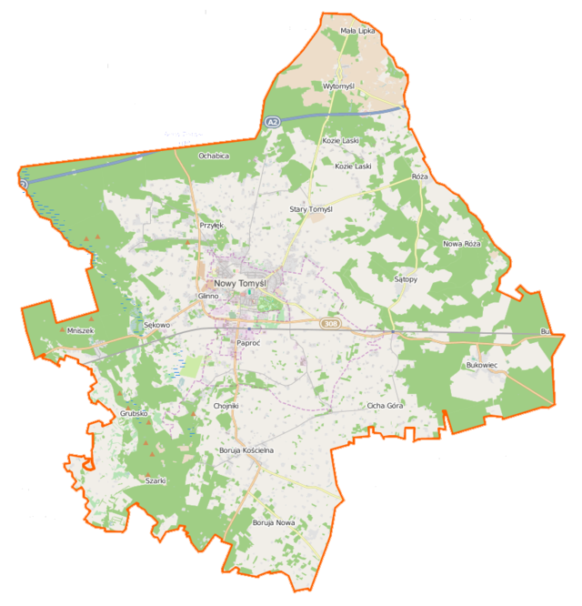 Mapa konturowa gminy Nowy Tomyśl, blisko centrum na lewo znajduje się punkt z opisem „Nowy Tomyśl”