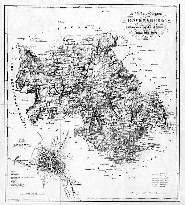 Karte des Oberamts und Stadtplan Ravensburg