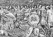 «Kong Olavs fall» fra Olav den helliges saga er én av den unge kunstneren Halfdan Egedius' mange strektegninger til den norske praktutgaven av 'Snorres kongesagaer fra 1899.