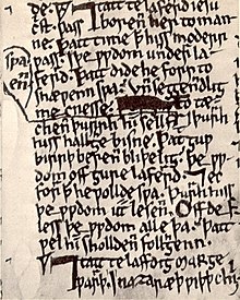 A page from the Ormulum demonstrating the editing performed over time by Orrm (Parkes 1983, pp. 115-16), as well as the insertions of new readings by "Hand B" Orrmulum.jpg