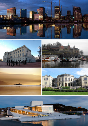 Compilação de imagens da cidade de Oslo: Bjørvika (centro financeiro), Palácio Real, Marina, Ilha de Gressholmen, Storting (parlamento norueguês), Ópera de Oslo
