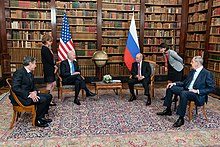 Joe Biden and Vladimir Putin, in the library of the villa (16 June 2021) P20210616AS-0561 (51269449735).jpg