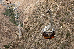 The Palm Springs Aerial Tramway - a car climbing from the valley station below. Palm springs aerial tramway.jpg
