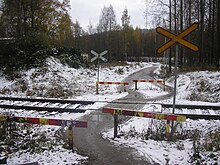 A railway pedestrian crossing in Jyvaskyla, Finland Pedestrian crossing on Haapamaki-Jyvaskyla-track.jpg