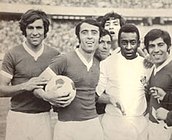 Player of Santos FC, Pele, posing with Pas FC players at Azadi Stadium, Iran. (1972)
