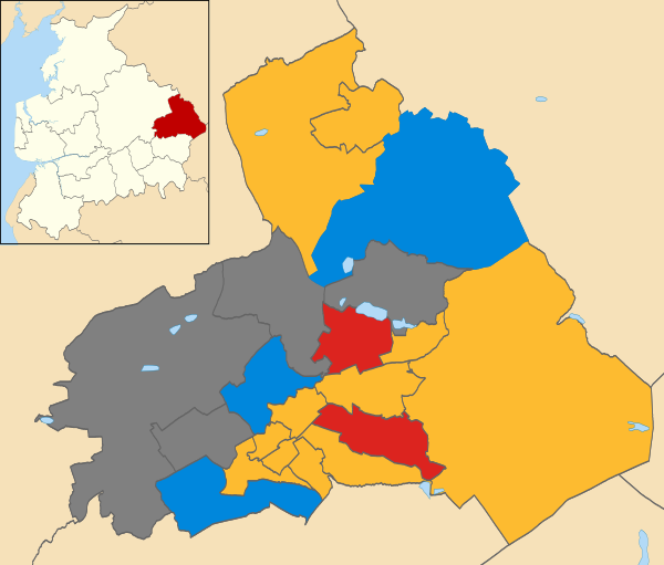 Map of the results of the 2004 Pendle Borough Council election. Liberal Democrats in yellow, Conservatives in blue and Labour in red. Wards in dark grey were not contested in 2004.