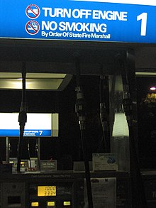 A "no smoking" sign at a gas station by order of the state fire marshal. The fire marshal is often charged with enforcing fire-related laws. Petrol pump Fire Marshall warning sign.jpg