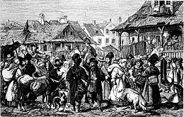 A market scene in Podolia, c. 1864 Podolany. J. Kossak. Jarmarok 1864.jpg