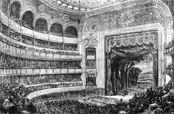 The Théâtre Lyrique, on Place Chatelet, in 1869. It hosted the first performances of the opera Faust and Romeo et Juliette by Charles Gounod, and of The Pearl Fishers by Georges Bizet.
