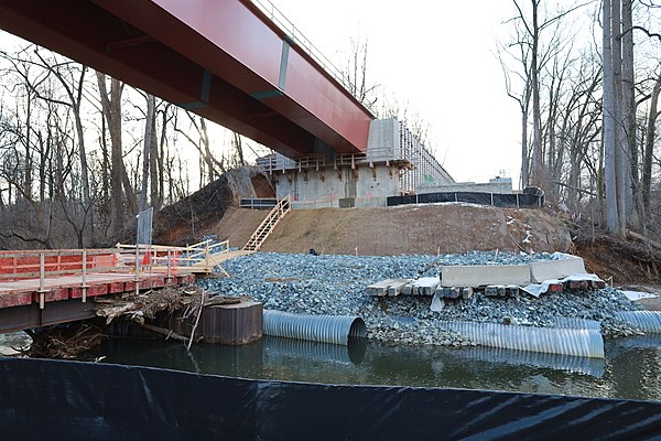 Construction of the Purple Line and Capital Crescent Trail crossings of Rock Creek during the construction pause in 2021