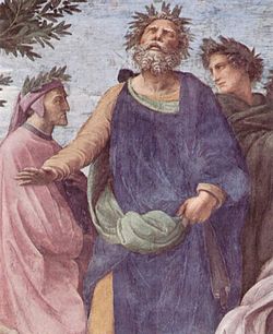 Homer flanked by Dante (left) and Virgil. Detail of fresco, by Raffael, in the Stanza della Segnatura in the Vatican Palace, 1511. Raffael 075.jpg