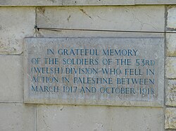 53rd (Welsh) Division commemoration plaque at Ramleh Commonwealth War Graves Commission Cemetery. Ramla mil cem welsh.JPG