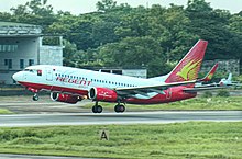 A Regent Airways Boeing 737-800 taking off from Shah Amanat International Airport, Chattogram Regent Airways B737 (cropped).jpg