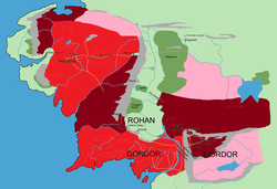 Mapa Obnoveného království ve Čtvrtém věku. Potvrzení vazalové tmavě červeně a pravděpodobní vazalové růžově.