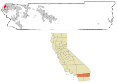 Location of Eastvale in Riverside County (above) and in California (below)