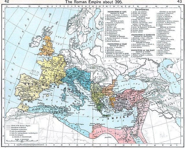 The administrative divisions of the Roman Empire in 395, under Theodosius I.