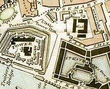 Map showing the Tower of London, St Katharine Docks and the Royal Mint. The latter moved from the Tower of London to new premises c.1809