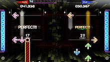 StepManiaX gameplay, showing holds, pits, early perfects, and so forth SMX 2 Player.jpg