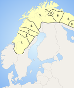 Geographic distribution of the Sami languages: 1. South Sami, 4. Lule Sami, 5. Northern Sami Sami languages large.png