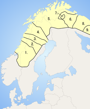 Geographic distribution of the Sami languages: 1. South Sami, 3. Pite Sami, 4. Lule Sami, 5. Northern Sami