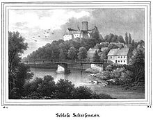 Lithografie des Ortes mit Burg und Brücke über die Zschopau von 1837