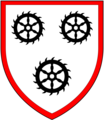 Arms of Scott of w:Scot's Hall, Nettlestead, Kent: Argent, three Catherine Wheels sable a bordure gules