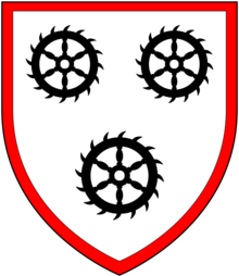 Arms of Scott of Scot's Hall: Argent, three Catherine Wheels sable a bordure gules Scott OfNettlestead Arms.png