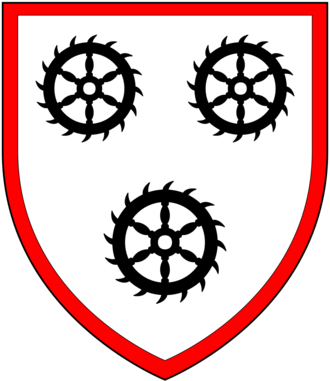 Arms of Scott: Argent, three Catherine Wheels sable a bordure gules Scott OfNettlestead Arms.png