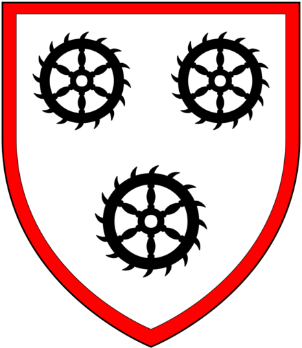 Arms of Scott: Argent, three Catherine Wheels sable a bordure gules Scott OfNettlestead Arms.png