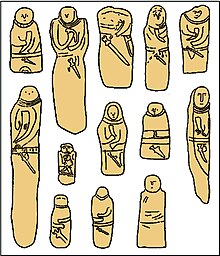 Collection of drawings of Scythian stelae of the 6th to 5th centuries BC. Many of them depict warriors holding a drinking horn in their right hand. Scythian stelae 01.jpg