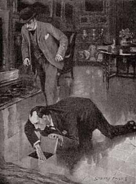 Holmes finds the hiding place in the floor, 1904 illustration by Sidney Paget in The Strand Magazine