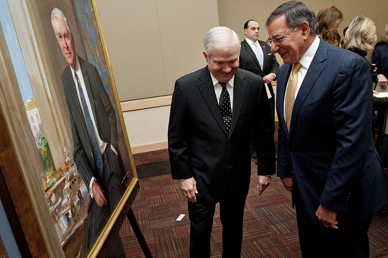 File:Secretary of Defense Leon E. Panetta, right, and former Secretary of Defense Robert M. Gates, left, share a laugh at the portrait unveiling ceremony for Gates at the Pentagon on Oct 121029-D-TT977-171.jpg