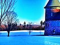 Terre en friche près des bâtiments de ferme de Shelburne Farms, Vermont, USA. Modifiée avec l'app Snapseed.