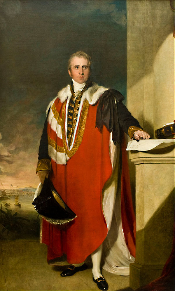 Lord Amherst wearing the parliamentary robes of a baron. Portrait by Thomas Lawrence, 1821.