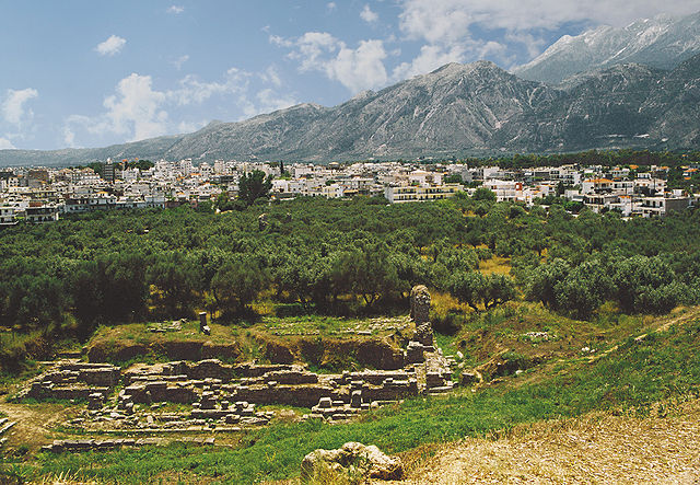The theater of ancient Sparta with modern Sparti and Taygetus in the background